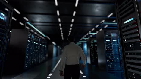 Business-Transformation.-IT-Administrator-Activating-Modern-Data-Center-Server-with-Hologram.